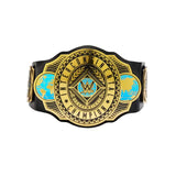 Close view of the WWE Intercontinental Championship belt centre plate with gold and blue details