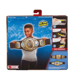 Back of WWE Intercontinental Championship belt packaging showing a child holding the belt and strap adjustment steps