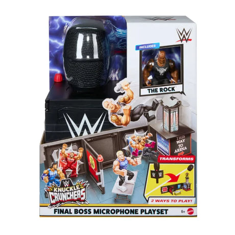 WWE Knuckle Crunchers Microphone Playset box featuring The Rock action figure in Ireland.