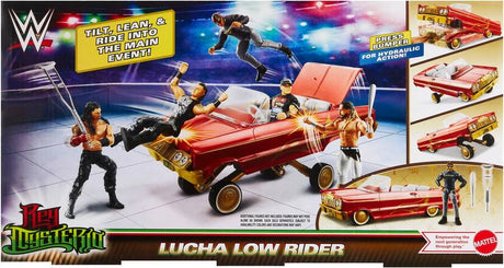 WWE Lucha Low Rider Vehicle box back showing Rey Mysterio, hydraulic action and figure launching features