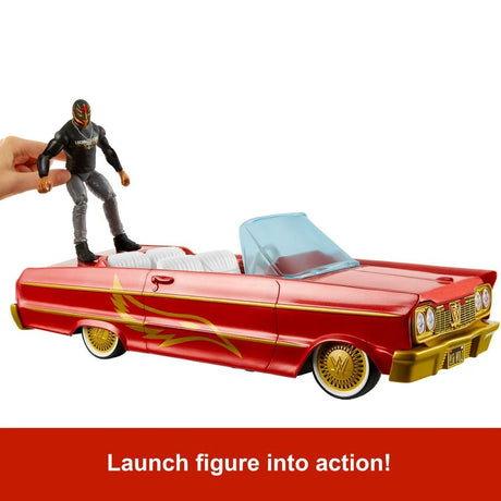 WWE Lucha Low Rider Vehicle showing Rey Mysterio figure positioned for the rear launching feature