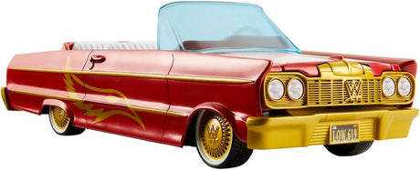 WWE Lucha Low Rider Vehicle low profile front view with red body, gold trim and white seats