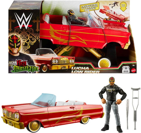 WWE Lucha Low Rider Vehicle with retail packaging, Rey Mysterio figure, crutch and baseball bat accessories