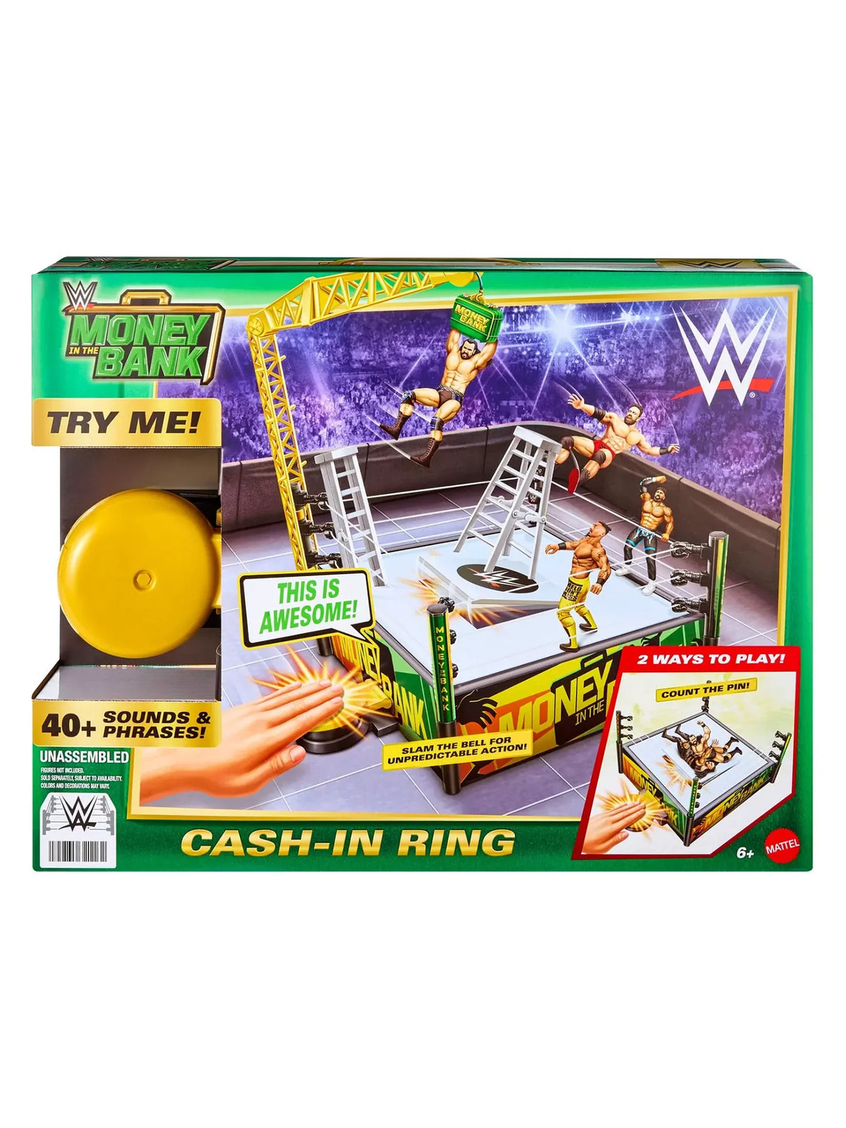 WWE Money in the Bank Cash-In Ring Playset box artwork with ladders and figures in Ireland.
