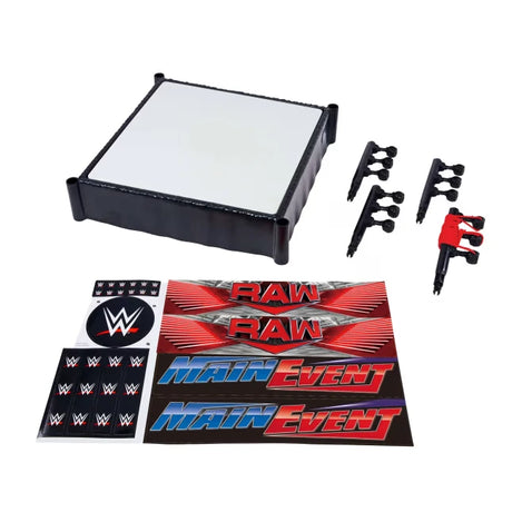 WWE Superstar Ring components with ring base, corner posts, red ropes and RAW and Main Event label sheets