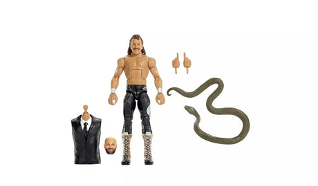 WWE WrestleMania Elite Jake The Snake Roberts action figure shown with all included accessories: black suit vest with alternate head, swappable pointing hands and large green snake accessory