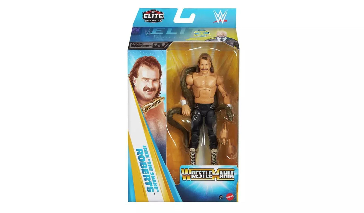 WWE WrestleMania Elite Jake The Snake Roberts action figure shown in original retail box with Elite Collection and WrestleMania branding, figure and snake accessory visible through window