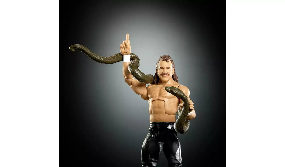 WWE WrestleMania Elite Jake The Snake Roberts action figure with arm raised and green snake wrapped around the body and wrist