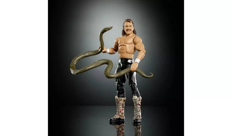 WWE WrestleMania Elite Jake The Snake Roberts action figure holding the large green snake accessory draped across both arms in a display pose