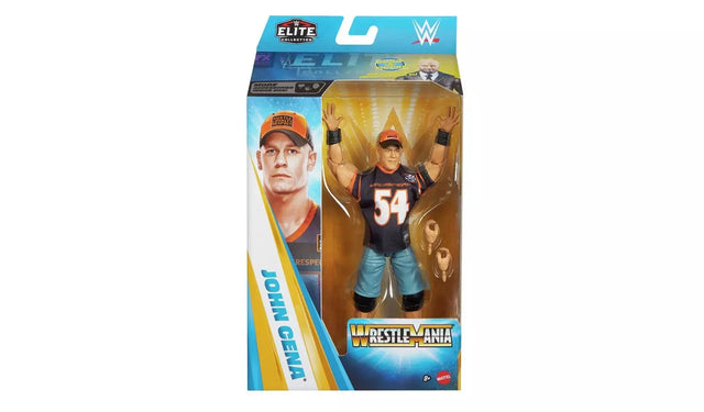 WWE WrestleMania Elite John Cena action figure shown in original retail box packaging with WrestleMania and Elite Collection branding, figure visible through window