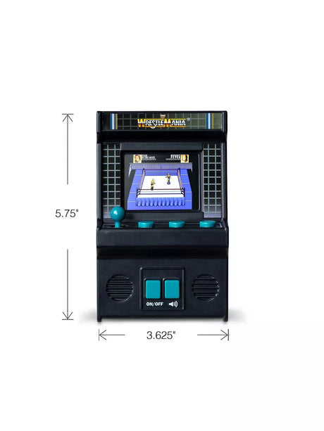 WWE WrestleMania Handheld Electronic Arcade Game front view with dimension markings showing 5.75 inches tall and 3.625 inches wide