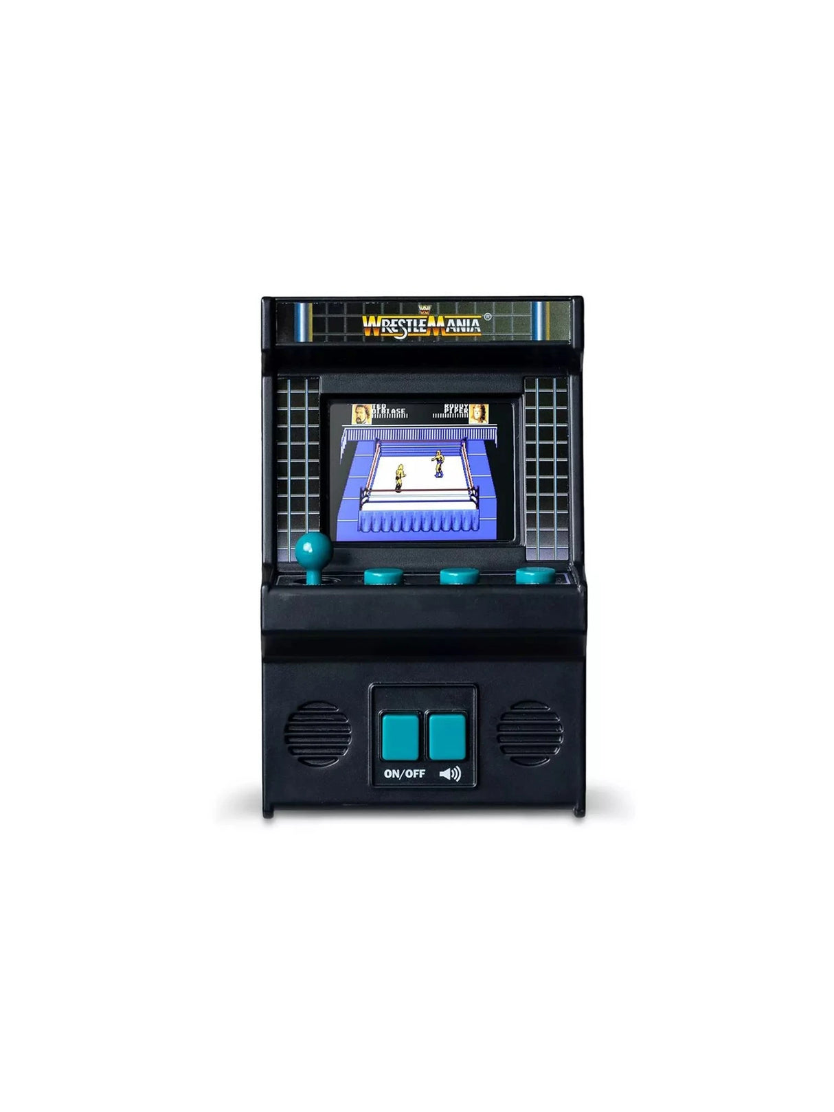 WWE WrestleMania Handheld Electronic Arcade Game front view showing black cabinet, WrestleMania header, colour screen with wrestling ring gameplay, teal joystick, four action buttons and on/off controls