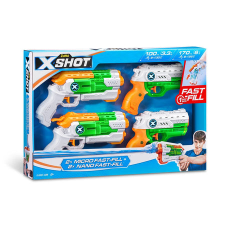 X-Shot Fast-Fill Nano and Micro water blasters 4 pack box with four green, white and orange water blasters