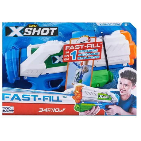 X-Shot Fast Fill water gun boxed packaging showing 700 ml capacity and 10 m range