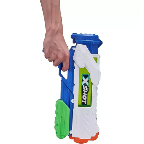 X-Shot Fast Fill water gun held upright with blue handle and green tank
