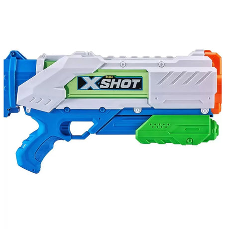 X-Shot Fast Fill water gun side profile with blue handle, green pump and orange nozzle