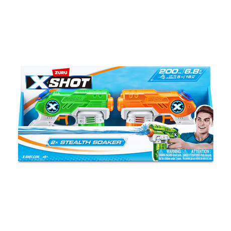 Front of X-Shot Stealth Soaker twin pack box with green and orange water blasters