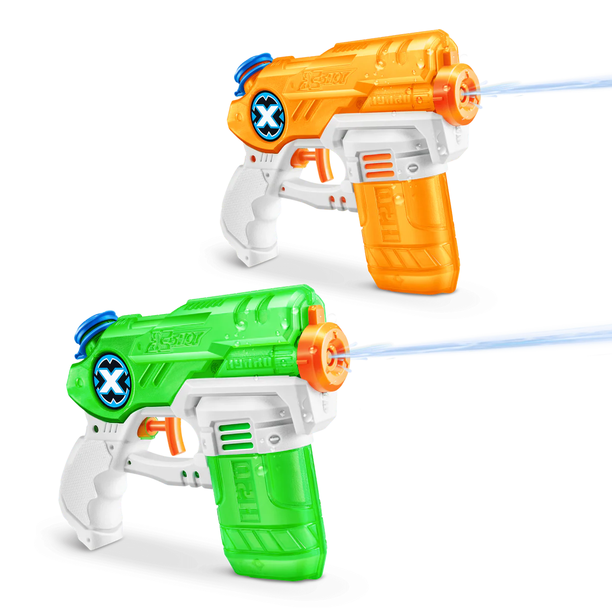 Orange and green X-Shot Stealth Soaker water blasters with visible water streams