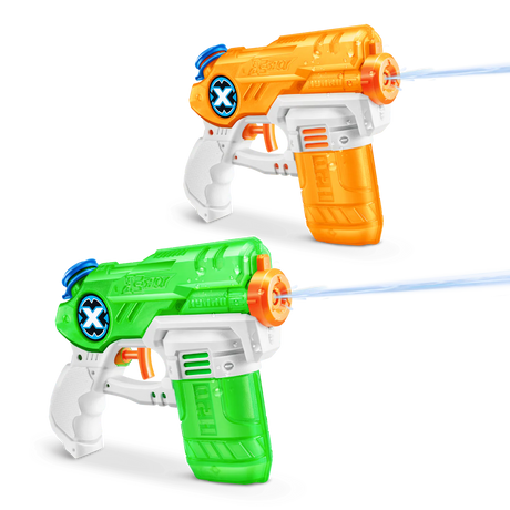 Orange and green X-Shot Stealth Soaker water blasters with visible water streams