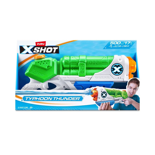 X-Shot Typhoon Thunder water gun in blue retail packaging with green, white and orange blaster shown on the front