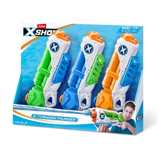 Front view of X-Shot Typhoon Thunder Water Blaster 3 Pack box showing three water blasters and a photo of a person holding a blaster