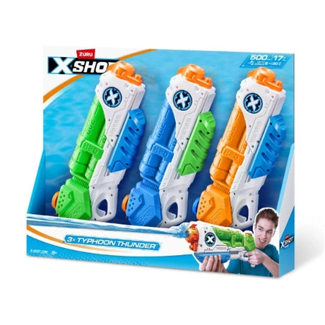 Front view of X-Shot Typhoon Thunder Water Blaster 3 Pack box showing three water blasters and a photo of a person holding a blaster
