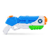 Side view of X-Shot Typhoon Thunder water blaster in blue, white, green and orange