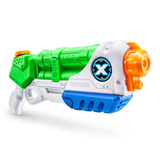 Green, white, blue and orange X-Shot Typhoon Thunder water gun angled on a white background