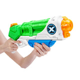 Hands holding a green, white, blue and orange X-Shot Typhoon Thunder water gun on a white background