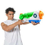 Person holding a green, white, blue and orange X-Shot Typhoon Thunder water gun on a white background