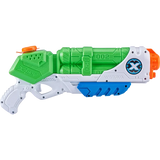 Side view of the green, white, blue and orange X-Shot Typhoon Thunder water gun