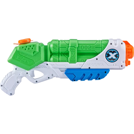 Side view of the green, white, blue and orange X-Shot Typhoon Thunder water gun