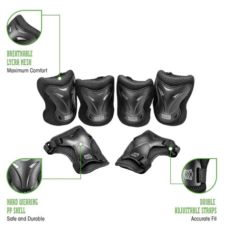 Xootz Kids Pad Set black large close up showing breathable mesh straps and protective hard shell details