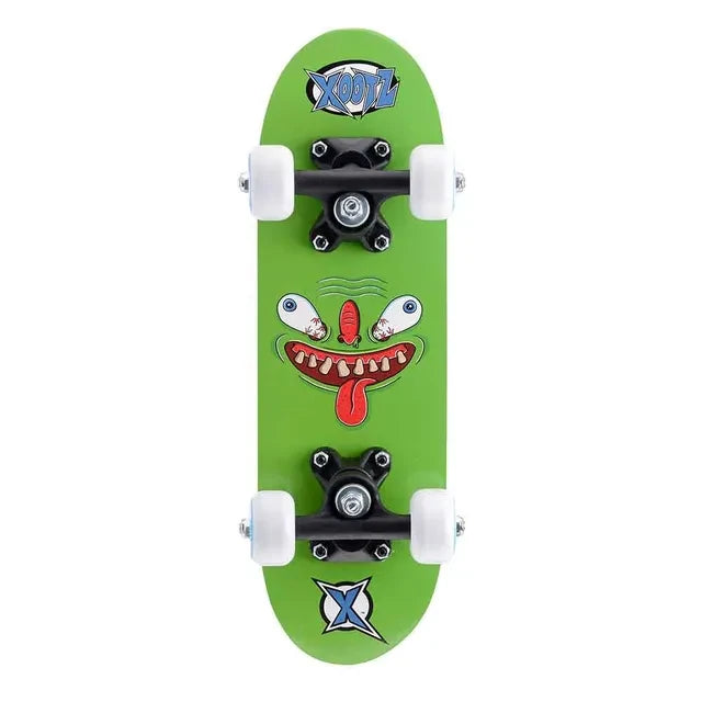 Xootz mini skateboard with green monster underside graphic, black trucks and white wheels