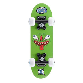 Xootz mini skateboard with green monster underside graphic, black trucks and white wheels