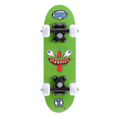 Xootz mini skateboard with green monster underside graphic, black trucks and white wheels