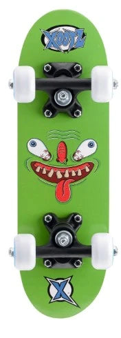 Xootz mini skateboard shown from underneath with green monster graphic, black trucks and white wheels