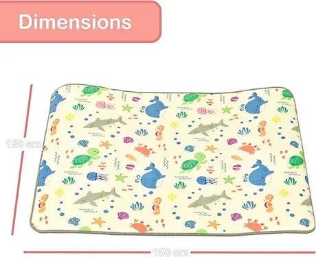 XPE nursery mat laid flat with dimension annotations showing 150cm width and 120cm height