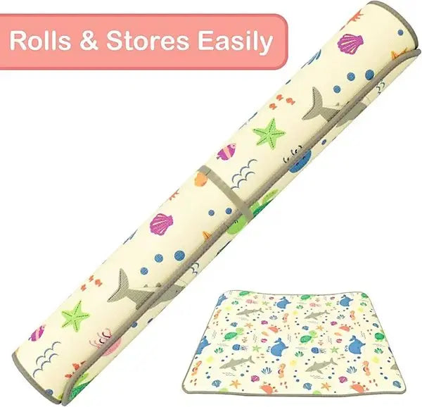 XPE nursery mat rolled up for storage with sea life print visible, shown alongside a flat view of the mat