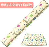 XPE nursery mat rolled up for storage with sea life print visible, shown alongside a flat view of the mat
