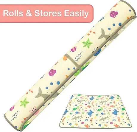 XPE nursery mat rolled up for storage with sea life print visible, shown alongside a flat view of the mat