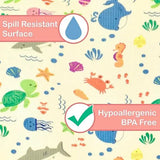 Close-up of sea life print surface on XPE nursery mat with spill resistant and hypoallergenic BPA free labels