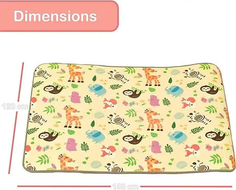 XPE nursery mat laid flat with dimension annotations showing 150cm width and 120cm height