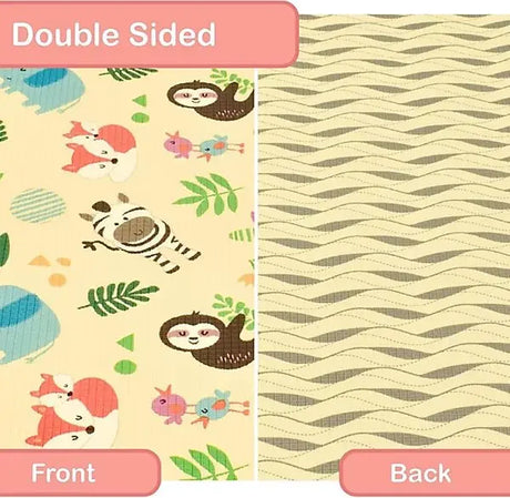 Double-sided view of XPE nursery mat showing wild animal print on the front and a grey wave pattern on the reverse