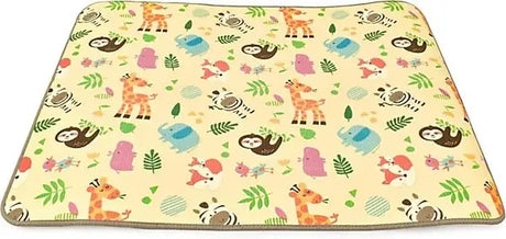 XPE nursery play mat with cream background and colourful wild animal print featuring giraffes, sloths, elephants, zebras, foxes, and tropical leaves