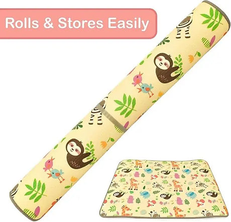 XPE nursery mat rolled up for storage showing wild animal print, alongside a small flat view of the mat