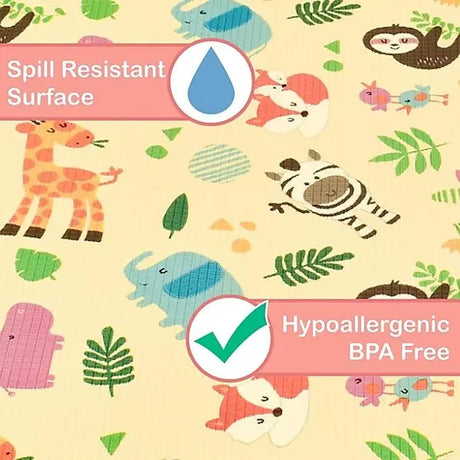 Close-up of wild animal print surface on XPE nursery mat with spill resistant surface and hypoallergenic BPA free labels
