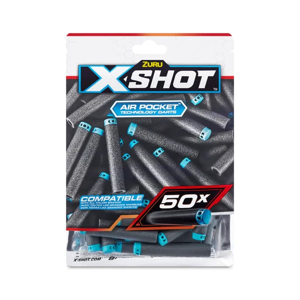XShot Excel 50 pack refill darts in clear resealable bag showing grey foam darts with blue tips and 50x badge on front packaging