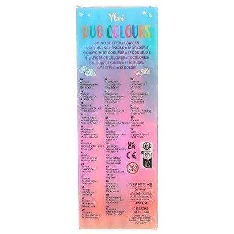 Back of Ylvi Duo Colouring Pencils packaging with product information and safety markings