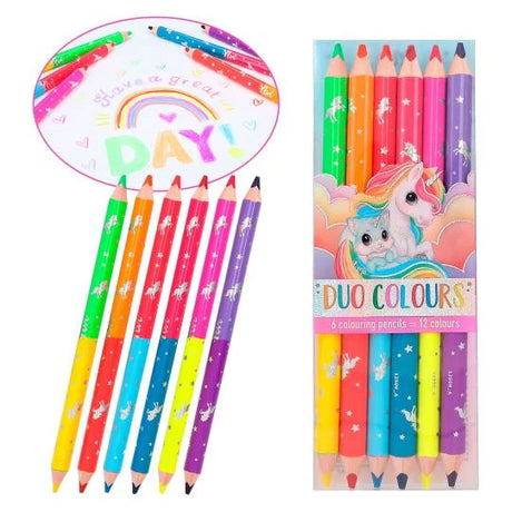 Ylvi Duo Colouring Pencils shown with six double tip pencils and a colourful rainbow drawing